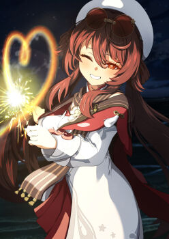  1girl ;d beach blush brown_hair chinese_clothes commentary cowboy_shot eyewear_on_head fireworks flower-shaped_pupils genshin_impact grin hair_between_eyes hands_up hat heart heart_of_string highres holding holding_fireworks hu_tao_(cherries_snow-laden)_(genshin_impact) hu_tao_(genshin_impact) light_blush long_hair long_sleeves looking_at_viewer low_twintails menchi-men night ocean official_alternate_costume one_eye_closed open_mouth outdoors red-tinted_eyewear red_eyes red_skirt round_eyewear senkou_hanabi sidelocks skirt smile solo sparkler sunglasses symbol-shaped_pupils tinted_eyewear twintails underlighting very_long_hair white_hat 