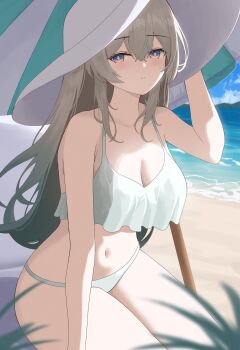  1girl beach beach_umbrella belly bikini blue_sky blush breasts cleavage cloud cloudy_sky commentary_request firefly_(honkai:_star_rail) frilled_bikini frills gradient_eyes gradient_hair grass green_pupils grey_bikini grey_hair hair_between_eyes hair_intakes hat highres honkai:_star_rail honkai_(series) large_breasts long_hair multicolored_eyes multicolored_hair nanashi1329 navel open_mouth sitting sky solo swimsuit teeth umbrella water white_hat 