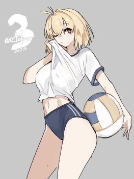 1girl arcueid_brunestud ball blonde_hair breasts buruma clothes_lift cowboy_shot grey_background highres holding holding_ball jonyeld large_breasts navel red_eyes shirt shirt_lift short_hair simple_background solo sweat tsukihime tsukihime_(remake) underwear volleyball white_shirt wiping_sweat wiping_with_clothes rating:Sensitive score:9 user:danbooru