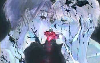  2boys absurdres alien_stage black_blood black_eyes blood chinese_commentary commentary_request ddl_.art green_eyes hand_on_another's_face heart-shaped_gem highres ivan_(alien_stage) male_focus multiple_boys procreate_(medium) red_pupils till_(alien_stage) tongue yaoi 