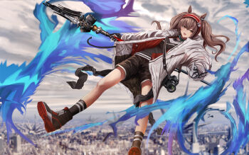  1girl absurdres angelina_(arknights) animal_ears arknights black_collar black_gloves black_shirt black_shoes black_shorts black_socks breasts brown_hair camera cityscape cloud coat collar commentary day dslr earpiece floating floating_hair fox_ears fox_girl full_body gloves hairband high_up highres holding holding_staff infection_monitor_(arknights) jacket kneehighs long_hair long_sleeves looking_at_viewer medium_breasts multicolored_gloves multicolored_hairband nighttsound open_clothes open_coat open_jacket originium_(arknights) originium_arts_(arknights) outdoors overcast red_hairband red_jacket shirt shoe_soles shoes shorts sky sneakers socks solo staff striped_clothes striped_hairband twintails two-tone_hairband white_coat white_gloves wrinkled_fabric yellow_eyes 