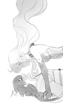  2girls ahoge asmoday_(genshin_impact) assertive_female bare_shoulders blunt_bangs braid bucumberr closed_eyes closed_mouth colored_skin commentary couple english_commentary floating_hair formal_clothes fur_trim genshin_impact girl_on_top hair_floating_upwards happy highres japanese_clothes kimono long_hair looking_down lying monogatari_(series) multicolored_skin multiple_girls on_back open_mouth pinned raiden_shogun shade smile suit two-tone_skin upper_body wavy_hair white_background wide-eyed yuri 