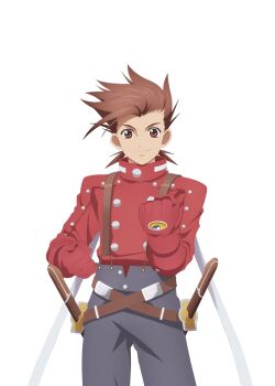  1boy artist_request belt brown_belt brown_eyes brown_hair clenched_hands closed_mouth commentary cowboy_shot game_cg gloves grey_pants high_collar lloyd_irving looking_at_viewer male_focus multiple_belts official_art pants red_gloves red_shirt sheath sheathed shirt short_hair smile solo spiked_hair standing suspenders tales_of_(series) tales_of_asteria tales_of_symphonia third-party_source transparent_background 