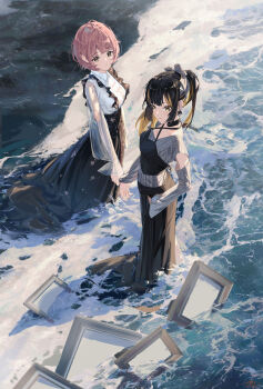  2girls absurdres black_choker black_hair black_skirt blonde_hair brown_eyes brown_hair cherry_blossom_print choker clothes_grab collared_shirt commentary criss-cross_halter da_tengzi empty_picture_frame floral_print grabbing_another's_sleeve hair_ribbon halterneck highres idolmaster idolmaster_shiny_colors ikaruga_luca ikuta_haruki long_hair long_skirt long_sleeves multicolored_hair multiple_girls ocean picture_frame ponytail ribbon see-through_clothes see-through_sleeves shirt short_hair skirt sleeves_past_wrists standing streaked_hair striped_clothes striped_shirt water waves white_ribbon white_shirt yellow_eyes 