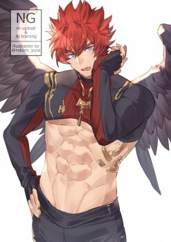  1boy abs black_gloves black_pants black_shirt black_wings blue_eyes commentary_request feathered_wings fingerless_gloves full_body gloves gold_trim granblue_fantasy hand_on_own_hip layered_clothes male_focus manly midriff muscular muscular_male oversized_wings pants partially_unbuttoned pectorals peisma_(granblue_fantasy) red_hair red_shirt rokuro_yusa shirt simple_background solo spiked_hair sweatdrop toned white_background wings 