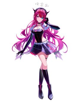  1girl absurdres asymmetrical_wings belt black_boots black_gloves black_leotard black_skirt black_socks blue_eyes boots breasts character_name cleavage cleavage_cutout clothes_writing clothing_cutout commentary crystal_wings double_halo elbow_gloves full_body gloves half-heart_hands halo hand_up heterochromia highres hololive hololive_english horns irys_(hololive) jewelry kneehighs large_breasts leotard leotard_under_clothes long_hair looking_at_viewer miniskirt necklace pink_eyes pointy_ears purple_hair red_streaks simple_background skirt socks solo star-ring star_halo strapless strapless_leotard thigh_strap very_long_hair virtual_youtuber white_background white_belt wings 