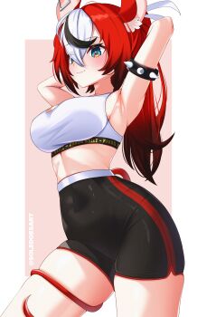  1girl :3 absurdres animal_ear_fluff animal_ears armlet armpits arms_up black_hair black_shorts blue_eyes breasts character_name cleavage_cutout clothes_writing clothing_cutout commentary covered_navel crop_top hakos_baelz high-waist_shorts highres hololive jewelry mouse_ears mouse_tail multicolored_hair red_hair shirt shorts smile solevisionarts spiked_armlet sports_bra tail tail_around_own_leg tail_wrap white_background white_hair white_shirt 
