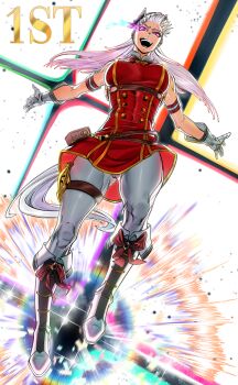  1girl :d absurdres animal_ears armband bad_tag belt belt_pouch boots breasts brown_belt buttons commentary double-breasted dress dutch_angle eye_trail floating floating_hair full_body gloves gold_ship_(red_strife)_(umamusume) gold_ship_(umamusume) highres horse_ears horse_girl horse_tail im_2074 knee_boots large_breasts light_trail long_hair looking_at_viewer meme open_mouth pantyhose pillbox_hat pouch purple_eyes red_armband red_dress sleeveless sleeveless_dress smile solo tail thigh_strap umamusume wally_west_solos_fiction_(meme) white_background white_boots white_gloves white_hair white_pantyhose white_tail 