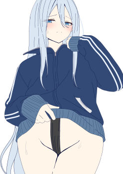  absurdres blue_eyes blue_jacket blush closed_mouth full-length_zipper hair_between_eyes highres jacket long_hair looking_at_viewer maou1561 project_sekai sweat thighs track_jacket very_long_hair white_background white_hair yoisaki_kanade zipper 