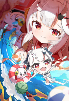  absurdres ball beachball bell chibi commentary_request dot_nose fang food fruit hair_between_horns hair_ornament highres hololive horns looking_at_viewer mk_haku multicolored_hair nakiri_ayame oni open_mouth poyoyo_(nakiri_ayame) red_eyes red_hair skin_fang virtual_youtuber watermelon white_hair 