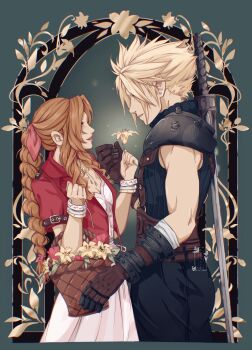  1boy 1girl absurdres aerith_gainsborough armor bandaged_arm bandages bangle basket black_pants black_shirt blonde_hair bracelet breasts brown_gloves brown_hair buster_sword choker cleavage cloud_strife commentary cropped_jacket dress earrings english_commentary final_fantasy final_fantasy_vii final_fantasy_vii_remake flower flower_basket flower_choker gloves hair_ribbon highres holding holding_basket holding_flower jacket jewelry light_smile lily_(flower) long_dress long_hair looking_at_another medium_breasts pants parted_bangs parted_lips pauldrons pink_dress pink_ribbon red_flower red_jacket ribbon shanlieart sharp_teeth shirt short_hair shoulder_armor sidelocks single_earring single_pauldron sleeveless sleeveless_turtleneck suspenders sword sword_on_back teeth tulip turtleneck weapon weapon_on_back yellow_flower 