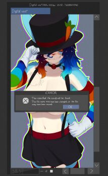  1girl absurdres animal_ears black_choker breasts choker clown clown_nose colored_skin cupcake_(yoako) english_text furry furry_female gloves grin hat highres large_breasts looking_at_viewer multicolored_hair navel original rabbit_ears rabbit_girl rabbit_tail rainbow_hair skirt smile solo star_(symbol) tail top_hat white_gloves yoako 