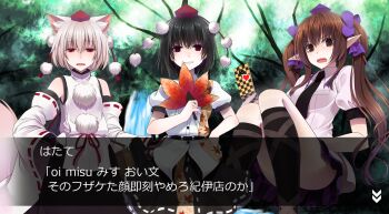  3girls animal_ear_fluff bag belt black_belt black_hair black_necktie black_skirt black_socks bow brown_bag brown_eyes brown_hair buttons collared_shirt commentary_request cowboy_shot crote detached_sleeves dialogue_box foot_out_of_frame forest grey_hair hair_bow half-closed_eyes hand_fan hand_on_own_hip hand_up handbag hat hauchiwa highres himekaidou_hatate holding holding_fan inubashiri_momiji kneehighs knees_up leaf_print long_hair long_sleeves looking_at_viewer miniskirt multiple_girls nature necktie open_mouth outdoors parted_lips pointy_ears puffy_short_sleeves puffy_sleeves purple_bow purple_hat purple_skirt red_eyes red_hat ribbon-trimmed_skirt ribbon-trimmed_sleeves ribbon_trim shameimaru_aya shirt short_hair short_sleeves skirt sleeveless sleeveless_shirt smile socks standing teeth thighs tokin_hat touhou translation_request twintails upper_teeth_only white_shirt white_sleeves wide_sleeves 