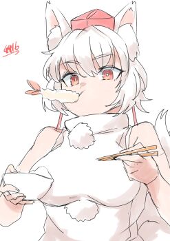  1girl animal_ear_fluff animal_ears bowl breasts chopsticks crossed_bangs detached_sleeves eating food food_in_mouth hair_between_eyes hat highres holding holding_bowl holding_chopsticks inubashiri_momiji large_breasts long_sleeves looking_at_viewer pom_pom_(clothes) red_eyes red_hat rice_bowl shirt short_hair shrimp shrimp_tempura solo tail tempura tokin_hat touhou upper_body white_hair white_shirt wide_sleeves wolf_ears wolf_girl wolf_tail yoyoiro_(sysi20) 
