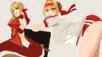  1girl ahoge ass back_cutout bent_over blonde_hair blush braid braided_bun breasts buruma butt_crack checkered_background clothing_cutout commentary crown_braid dress english_commentary epaulettes fate_(series) from_behind from_side green_eyes gym_shirt gym_uniform hair_bun hair_intakes hair_ribbon hanging_breasts headband highres juliet_sleeves large_breasts leaning_on_object long_sleeves looking_at_viewer looking_back midriff_peek multiple_views nero_claudius_(fate) nero_claudius_(fate/extra) nero_claudius_(olympian_bloomers)_(fate) official_alternate_costume open_mouth puffy_sleeves red_buruma red_dress red_headband red_ribbon ribbon see-through_clothes see-through_shirt shirt short_hair short_sleeves shotaalter single_hair_bun sitting smile teeth twitter_username upper_teeth_only wariza white_shirt 