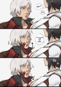  1boy 1girl anger_vein beard_stubble black_hair blue_eyes commentary dante_(devil_may_cry) devil_may_cry devil_may_cry_(series) devil_may_cry_4 english_commentary facial_hair grey_background highres jewelry jumpoon lady_(devil_may_cry) looking_at_breasts necklace simple_background speech_bubble stubble white_hair 