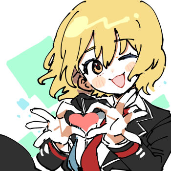  1girl :3 black_coat blonde_hair coat collared_shirt don_quixote_(project_moon) heart heart_hands lapels limbus_company necktie notched_lapels one_eye_closed open_mouth pinch_(nesume) project_moon red_necktie shirt short_hair smile solo white_shirt yellow_eyes 