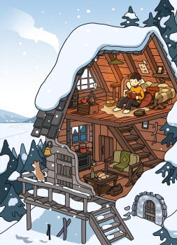  1boy absurdres animal apple architecture bag bed bell black_hair black_pants book bread cabin couch dog door food fruit highres house kettle lantern marunoki mountainous_horizon orange_shirt original pants porch reading scenery shelf shirt short_hair sitting sky snow solo stairs table tree window winter wood-burning_stove wooden_floor wooden_wall  rating:General score:3 user:danbooru