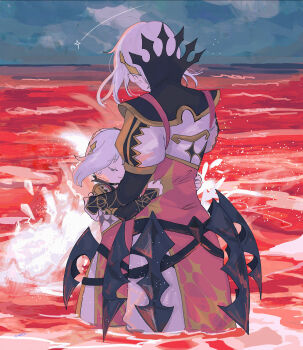  2boys androgynous armor black_sleeves commentary diamond_(shape) dragon english_commentary fire_emblem fire_emblem_engage gold_trim hair_ornament highres hug looking_at_another male_focus multiple_boys nil_(fire_emblem) nintendo ocean rafal_(fire_emblem) sasaki_(dkenpisss) shooting_star shoulder_armor sky tears white_hair 