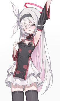  1girl absurdres arm_up armpits bikini bikini_under_clothes black_bikini black_crown black_hairband black_sleeves black_thighhighs blue_archive bow breast_cutout china_dress chinese_clothes cowboy_shot crown detached_sleeves dress eyes_visible_through_hair grey_eyes grey_hair hair_bow hair_over_one_eye hairband halo highres layered_skirt long_bangs long_hair looking_at_viewer loyo open_mouth parted_bangs plana_(blue_archive) red_halo red_pupils simple_background skindentation skirt slit_pupils smile solo standing string_bikini swimsuit thighhighs very_long_hair white_background white_bow white_skirt 