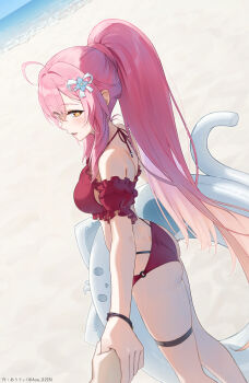  1girl 1other aemeath_(wuthering_waves) ahoge bare_shoulders breasts commentary from_side hair_ornament highres long_hair looking_at_viewer looking_to_the_side medium_breasts open_mouth orange_eyes pink_hair ponytail pov pov_hands smile star-shaped_pupils star_(symbol) symbol-shaped_pupils turning_head wuthering_waves 
