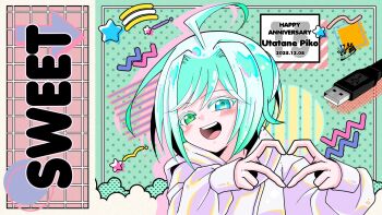  1boy :d ahoge anniversary blue_eyes blush character_name commentary_request dated four-finger_heart_hands green_eyes happy_anniversary heart heart_hands heterochromia highres hood hoodie looking_at_viewer mahiruno male_focus open_mouth signature smile solo star_(symbol) teeth tongue upper_teeth_only usb_cable utatane_piko vocaloid white_hair white_hoodie 