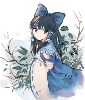  1girl alternate_color blue_bow bow brown_eyes brown_hair closed_mouth commentary detached_sleeves frilled_hair_tubes frilled_sleeves frills hair_bow hair_tubes hakurei_reimu highres long_hair looking_at_viewer player_2 ribbon-trimmed_sleeves ribbon_trim sketch smile solo touhou yolandabaka 