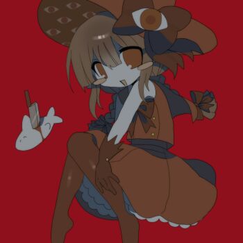  1girl blood blush_stickers bow braid brown_hair buttons deliriumcenter frilled_skirt frills funamusea gloves hair_bow hashtag-only_commentary hat hat_bow highres knife long_hair looking_at_viewer oounabara_to_wadanohara open_mouth pleated_skirt red_background red_bow red_eyes red_gloves red_sailor_collar red_shirt red_skirt red_theme red_thighhighs sailor_collar shark shirt sidelocks simple_background sitting skirt sleeveless sleeveless_shirt syakesan_(funamusea) thighhighs triangle_mouth twin_braids wadanohara wadanohara_(red_sea) 