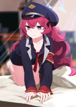  >:) 1girl absurdres all_fours armband barefoot black_bow black_hat black_jacket black_shirt black_skirt blue_archive blue_halo blurry blurry_background blush bow breasts closed_mouth collarbone collared_shirt commentary_request downblouse fluffy_hair full_body grey_eyes hair_between_eyes hair_bow halo hat highres indoors iroha_(blue_archive) jacket kisaka long_hair looking_at_viewer necktie on_bed open_clothes open_jacket peaked_cap pencil_skirt pillow red_armband red_hair red_necktie shirt sidelighting skirt sleeves_past_wrists slit_pupils small_breasts smile smug solo tsurime v-shaped_eyebrows very_long_hair 