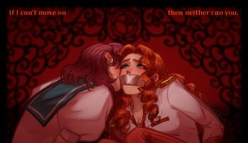  2girls aqua_sailor_collar arisugawa_juri brown_hair commentary curly_hair english_commentary english_text gag gagged green_eyes highres improvised_gag jewelry long_hair medium_hair multiple_girls necklace ootori_gakuen_school_uniform orange_hair sailor_collar school_uniform shirt shoujo_kakumei_utena stargazed_arrie takatsuki_shiori tape tape_gag white_shirt 