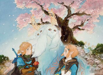  1boy 1girl 1other apple armor black_cloak blonde_hair blue_shirt blue_tunic braid cherry_blossoms cloak creature crown_braid falling_petals food fruit green_sweater hair_ornament hair_tubes hairclip highres holding holding_food holding_fruit leather_armor link low_ponytail master_sword medium_hair mixed-language_commentary nintendo outdoors petals pink_petals pointy_ears ponytail princess_zelda ribbed_sweater shirt short_hair sidelocks stella_astarte sweater sword sword_on_back the_legend_of_zelda the_legend_of_zelda:_tears_of_the_kingdom thick_eyebrows tunic turtleneck turtleneck_sweater upper_body vambraces weapon weapon_on_back 