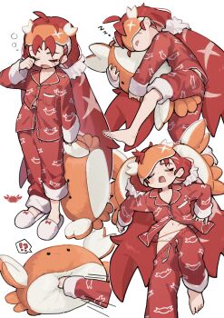 !? 1girl absurdres adversarial_noise barefoot blush_stickers closed_eyes clothes_pull commentary_request drooling full_body hair_ornament hair_scrunchie highres long_hair long_sleeves lying mouth_drool multiple_views navel on_back on_side open_mouth original panties pants pants_pull punching red_hair red_pants red_shirt scrunchie shirt simple_background sleep_mask sleeping spoken_interrobang squeans standing stuffed_crab twintails underwear white_background white_panties white_scrunchie zizi_niisan