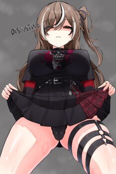  1girl absurdres belt black_hair black_panties breasts brown_eyes brown_hair clothes_lift commentary_request from_below grey_background hair_between_eyes highres hololive hololive_english large_breasts long_hair multicolored_hair nanashi_mumei nanashi_mumei_(emo) nobarts one_side_up panties print_shirt shaded_face shirt simple_background skirt skirt_lift solo streaked_hair sweat thigh_strap thighs underwear virtual_youtuber white_hair 