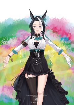  1girl a-pose absurdres animal_ears aqua_ascot ascot asymmetrical_legwear black_garter_straps black_hair black_skirt bracelet braid breasts bun_with_braided_base cleavage collar colorful_background commentary_request cover cover_page dot_nose ear_ornament feet_out_of_frame frilled_skirt frills garter_straps gloves grey_eyes hair_bun harness high-low_skirt highres horse_ears horse_girl horse_tail jewelry kawashina_(momen_silicon) lace lace_thighhighs lace_trim large_breasts legs_together light_smile looking_at_viewer medium_hair mejiro_ramonu_(onyx_line)_(umamusume) mejiro_ramonu_(umamusume) mole mole_under_eye multicolored_hair open_mouth outstretched_arms outstretched_hand shirt side_part single_garter_strap single_glove single_thighhigh skirt solo standing straight-on streaked_hair tail thighhighs three-quarter_sleeves translation_request two-tone_shirt umamusume white_gloves white_shirt 