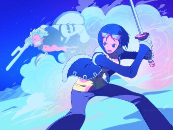  1boy 1girl absurdres blue_sky blue_theme commentary devil_fruit_power eyewear_on_head fur-trimmed_jacket fur_trim gloves highres holding holding_sword holding_weapon jacket jitte looking_ahead one_piece pants sanam_1piece shirt short_hair sky smoker_(one_piece) sword tashigi weapon 