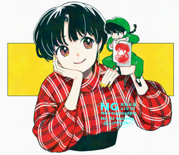  1boy 1girl black_hair black_shoes brown_eyes chinese_clothes closed_mouth con_sonne eye_contact green_eyes green_hat green_jumpsuit hat holding holding_mini_person jumpsuit looking_at_another mini_person miniboy pale_skin plaid_clothes puffy_sleeves ranma-chan ranma_1/2 red_lips saotome_ranma shoes short_hair size_difference smile straight_hair tendou_akane yellow_background yellow_nails 