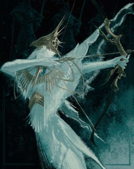  1boy archery arrow_(projectile) blush bow_(weapon) commentary_request covered_eyes cruentum_noctis dark_souls_(series) dark_souls_i dark_sun_gwyndolin dress gold_headwear grey_hair helmet helmet_over_eyes highres long_hair solo spiked_helmet spiked_necklace weapon 