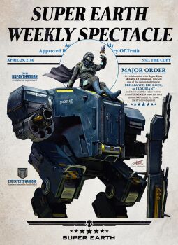  1other absurdres ardikapriyata artist_name bird blue_boots boots bulletproof_vest cape commentary cover dated english_commentary english_text exosuit_(helldivers) grenade_launcher helldiver_(helldivers) helldivers_(series) helmet highres instagram_username magazine_cover mecha_pilot_suit pilot_helmet rotary_cannon signature sitting_on_mecha skull star_(symbol) weapon 