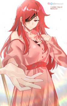  1girl absurdres artist_name bare_shoulders closed_mouth commentary dress eyepatch highres hwa_ryun inktober inktober_2025 instagram_logo instagram_username knowname long_hair looking_at_viewer pink_dress red_eyes red_hair smile tower_of_god twitter_logo twitter_username 