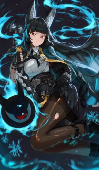  1girl absurdres animal_ear_fluff animal_ears black_gloves black_hair black_necktie black_skirt blunt_bangs brown_pantyhose cold commentary dress_shirt feet_out_of_frame fingerless_gloves fox_ears fox_girl gauntlets gloves green_jacket high-waist_skirt highres hirosenpai holding holding_sword holding_weapon hoshimi_miyabi jacket looking_at_viewer necktie night outdoors pantyhose parted_lips revision shirt sidelocks single_fingerless_glove skirt sky solo sword tailless_(zenless_zone_zero) thighs torn_clothes torn_pantyhose untranslatable_commentary weapon white_shirt zenless_zone_zero 