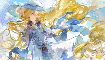  1girl absurdly_long_hair absurdres black_collar black_gloves blonde_hair blue_eyes chinese_commentary chromatic_aberration closed_mouth collar colyba commentary_request cowboy_shot floating_hair flower gloves hair_ornament hair_spread_out hat highres long_hair long_sleeves looking_ahead own_hands_clasped own_hands_together phoebe_(wuthering_waves) shirt skirt smile solo very_long_hair white_flower white_hat white_shirt white_skirt wuthering_waves x_hair_ornament 