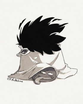  armor cape commentary_request dark_matter_(kirby) dark_matter_blade gooey_(kirby) greyscale kirby's_dream_land_2 kirby_(series) mizusuibo monochrome nintendo no_humans pauldrons shoulder_armor simple_background sleepy tongue tongue_out twitter_username wall-eyed 