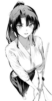  1girl absurdres barefoot breasts cleavage collarbone dougi greyscale highres hiiragi_yuuichi holding holding_another's_wrist kanzaki_ouka kendo_shoujo long_hair monochrome open_mouth ponytail shinai sword weapon 
