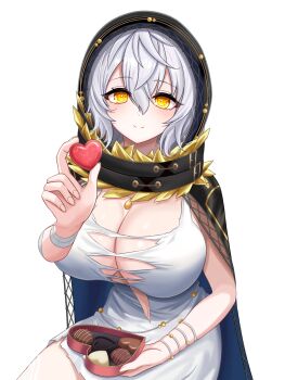 1girl bandaged_arm bandages black_cloak box box_of_chocolates breasts candy chocolate chocolate_heart cleavage cloak code_vein commentary_request dress food hair_between_eyes heart heart-shaped_box heart-shaped_food highres holding holding_chocolate holding_food io_(code_vein) large_breasts looking_at_viewer potatomato8 short_hair simple_background sitting sleeveless sleeveless_dress solo torn_clothes torn_dress white_background white_dress white_hair yellow_eyes 