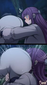  2girls absurdres blurry blurry_background blush closed_mouth commentary cropped_jacket english_commentary face_in_ass fern_(sousou_no_frieren) frieren highres jacket long_hair long_sleeves looking_at_another multiple_girls night outdoors purple_eyes purple_hair robe semi_draws sousou_no_frieren tree white_jacket white_robe wide-eyed  rating:Sensitive score:19 user:danbooru