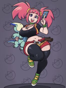  1girl 1other a_man1502_(artist) breasts dinosaur dinosaur_king goggles goggles_on_head highres huge_breasts large_breasts parapara_(dinosaur_king) pink_hair purple_eyes solo tatsuno_malm thick_thighs thighhighs thighs twintails vest wide_hips wristband yellow_vest 