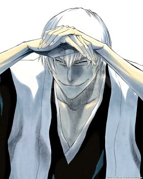  1boy bleach blue_eyes closed_mouth collarbone haori ichimaru_gin japanese_clothes kubo_tite male_focus official_art shihakusho short_hair simple_background smile upper_body white_background white_hair wide_sleeves 
