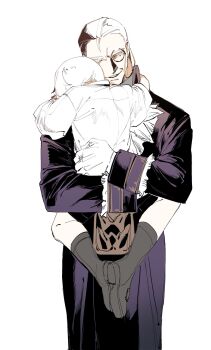  2boys aged_down candlestand carrying child child_carry coat dante_(devil_may_cry) devil_may_cry_(series) devil_may_cry_5 family father_and_son greyscale hair_slicked_back highres holding hug male_focus monochrome multiple_boys parent_and_child purple_coat simple_background smile sparda spot_color vapicv white_background 