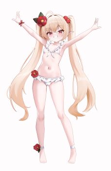 1girl absurdres ahoge artist_request barefoot bikini blonde_hair commission elf flower frilled_bikini frills hair_bobbles hair_flower hair_ornament highres loli long_hair original pointy_ears red_eyes red_flower second-party_source simple_background solo swimsuit twintails twintails_elf_nun_(sugarnut) very_long_hair white_background white_bikini