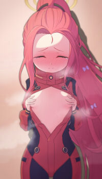 1girl absurdres bad_tag blue_archive blush bodysuit breasts closed_eyes covering_breasts covering_privates embarrassed female_focus gnoet hair_ribbon halo highres loli long_hair moaning open_bodysuit open_clothes ponytail red_hair ribbon small_breasts solo standing steaming_body tears thighs yuzu_(battle)_(blue_archive) yuzu_(blue_archive) 